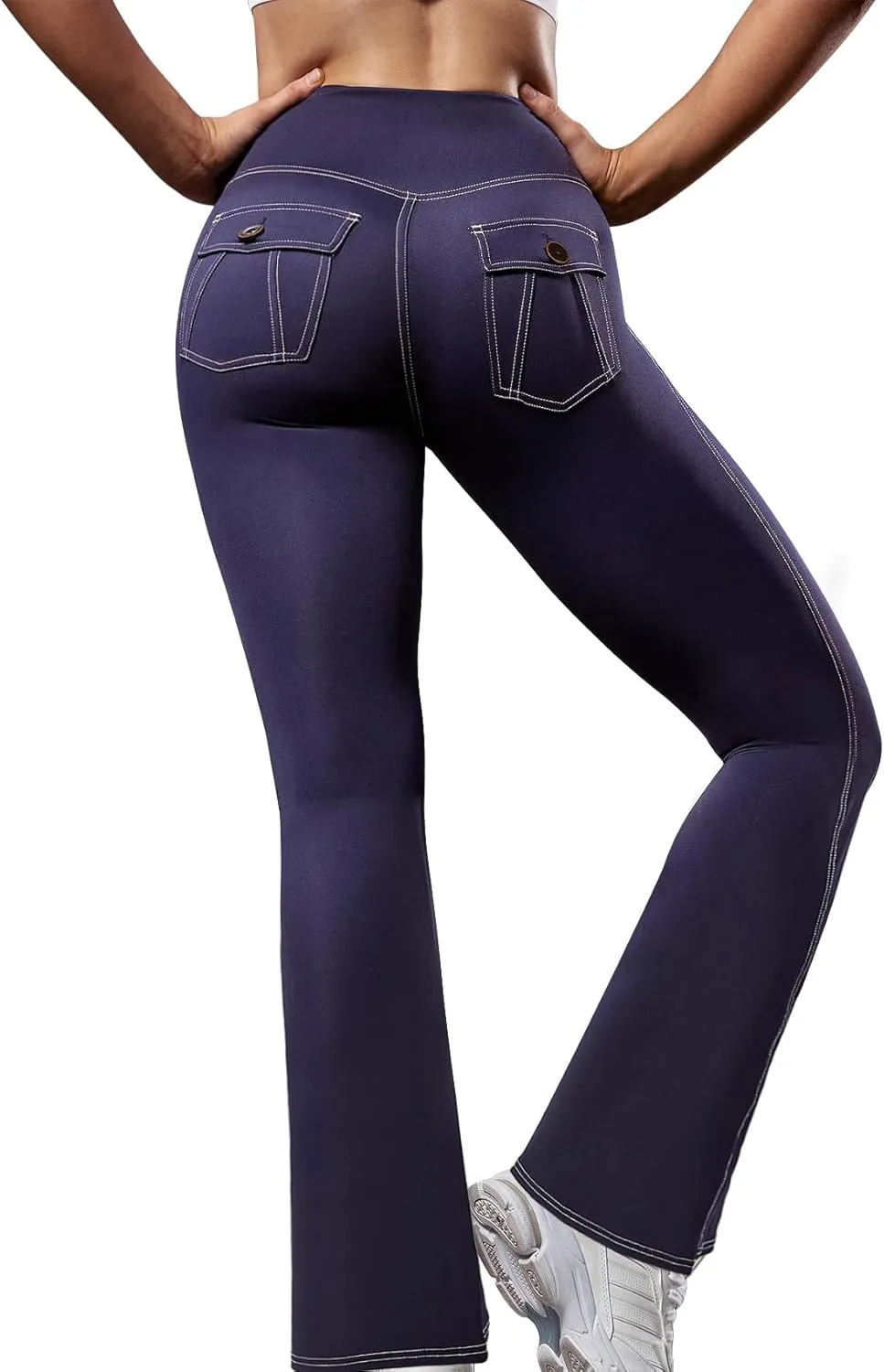 SEASUM Cargo Yoga Flare Leggings for Women with Flap Pockets Workout Contrast Stitching Bootcut Yoga Pants Imitation Jeans