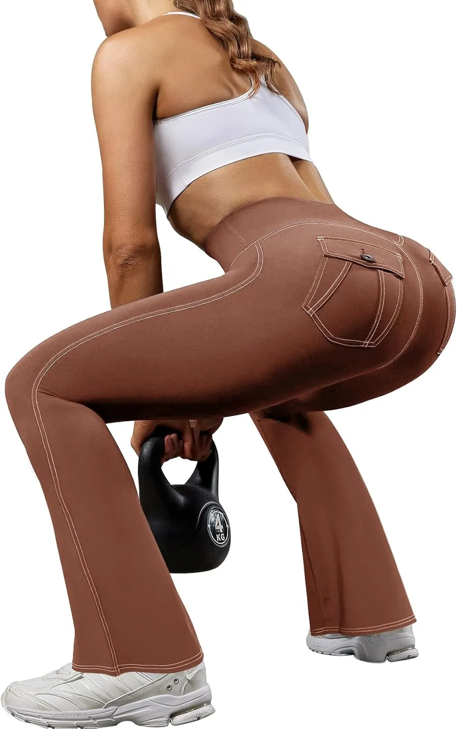 SEASUM Cargo Yoga Flare Leggings for Women with Flap Pockets Workout Contrast Stitching Bootcut Yoga Pants Imitation Jeans