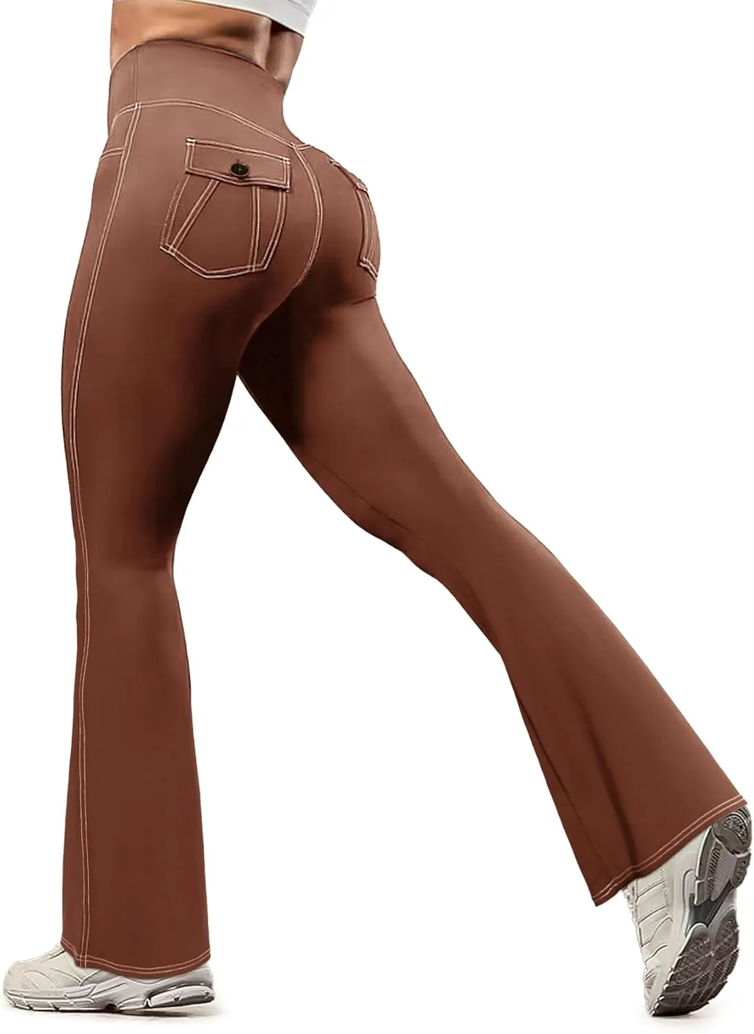 SEASUM Cargo Yoga Flare Leggings for Women with Flap Pockets Workout Contrast Stitching Bootcut Yoga Pants Imitation Jeans