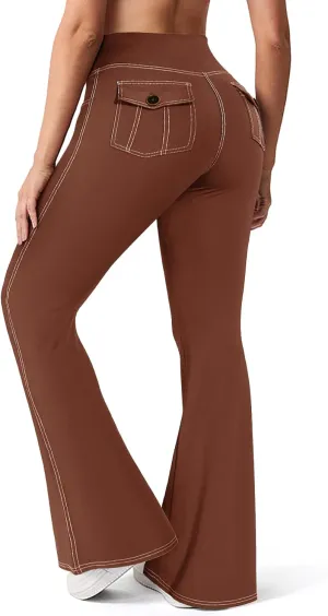 SEASUM Cargo Yoga Flare Leggings for Women with Flap Pockets Workout Contrast Stitching Bootcut Yoga Pants Imitation Jeans