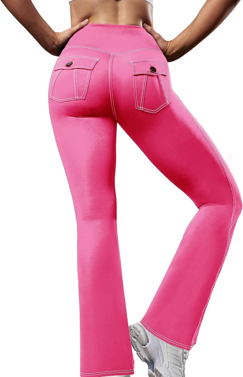 SEASUM Cargo Yoga Flare Leggings for Women with Flap Pockets Workout Contrast Stitching Bootcut Yoga Pants Imitation Jeans