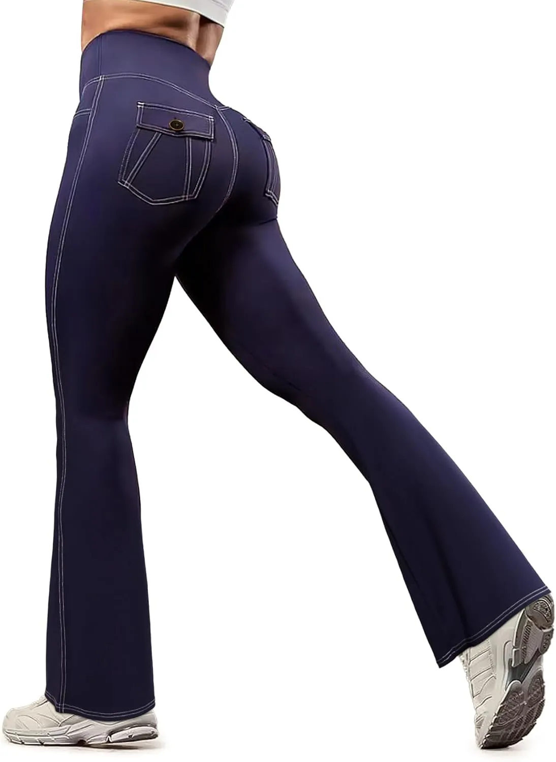 SEASUM Cargo Yoga Flare Leggings for Women with Flap Pockets Workout Contrast Stitching Bootcut Yoga Pants Imitation Jeans