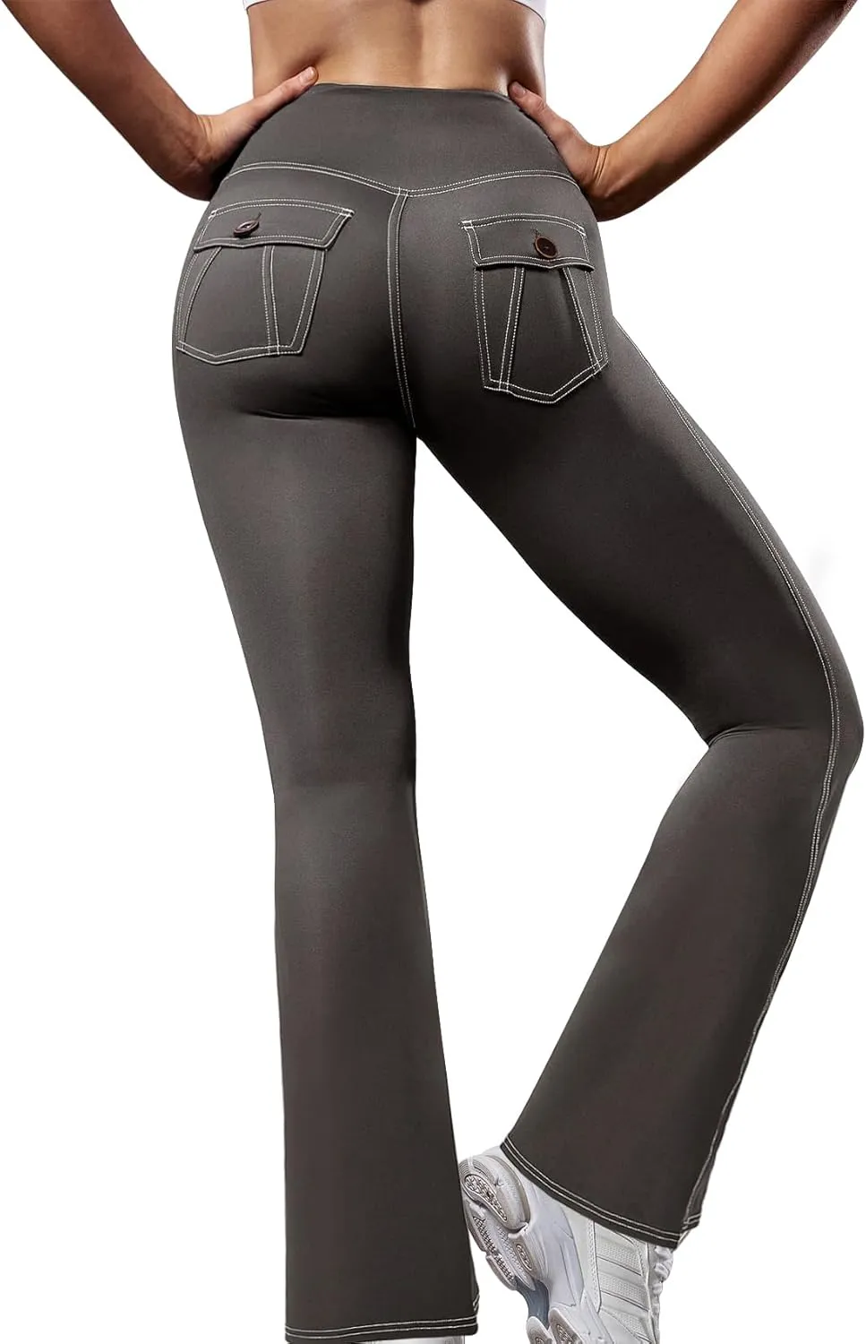 SEASUM Cargo Yoga Flare Leggings for Women with Flap Pockets Workout Contrast Stitching Bootcut Yoga Pants Imitation Jeans
