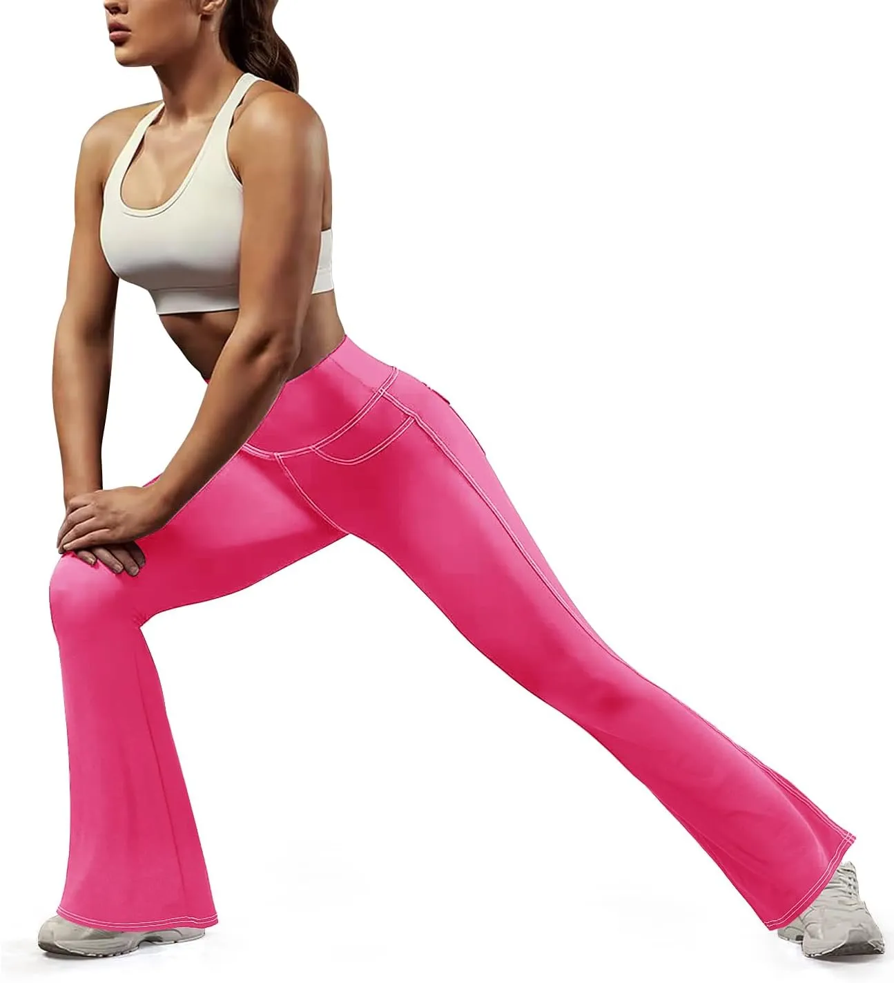 SEASUM Cargo Yoga Flare Leggings for Women with Flap Pockets Workout Contrast Stitching Bootcut Yoga Pants Imitation Jeans