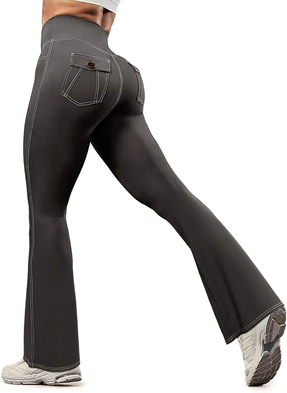 SEASUM Cargo Yoga Flare Leggings for Women with Flap Pockets Workout Contrast Stitching Bootcut Yoga Pants Imitation Jeans