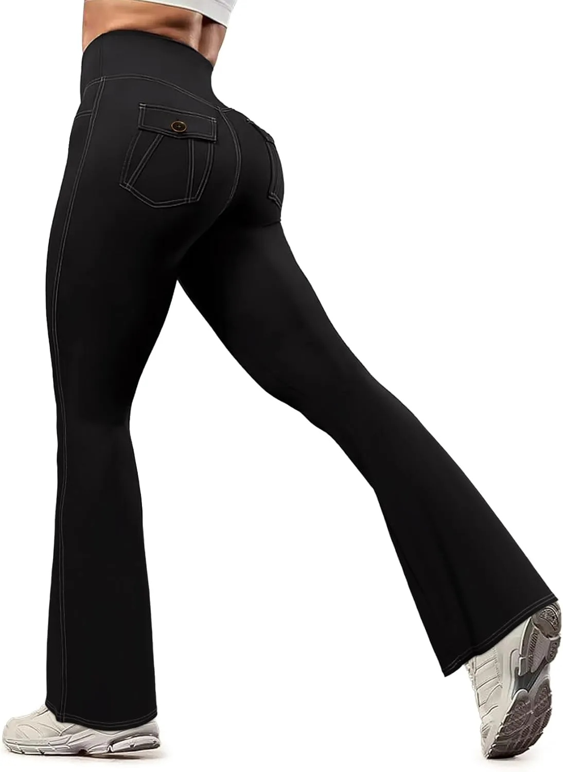 SEASUM Cargo Yoga Flare Leggings for Women with Flap Pockets Workout Contrast Stitching Bootcut Yoga Pants Imitation Jeans