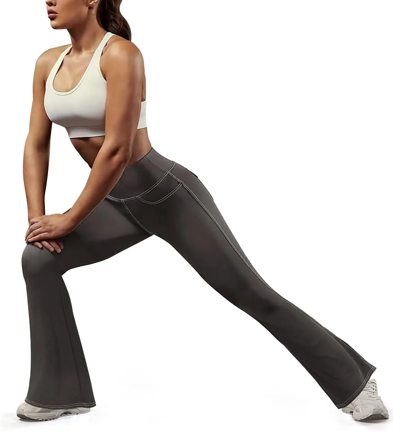 SEASUM Cargo Yoga Flare Leggings for Women with Flap Pockets Workout Contrast Stitching Bootcut Yoga Pants Imitation Jeans
