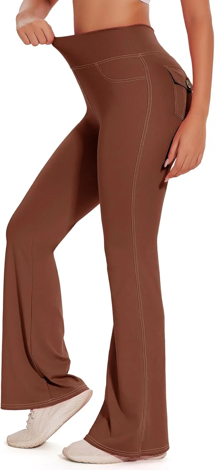 SEASUM Cargo Yoga Flare Leggings for Women with Flap Pockets Workout Contrast Stitching Bootcut Yoga Pants Imitation Jeans