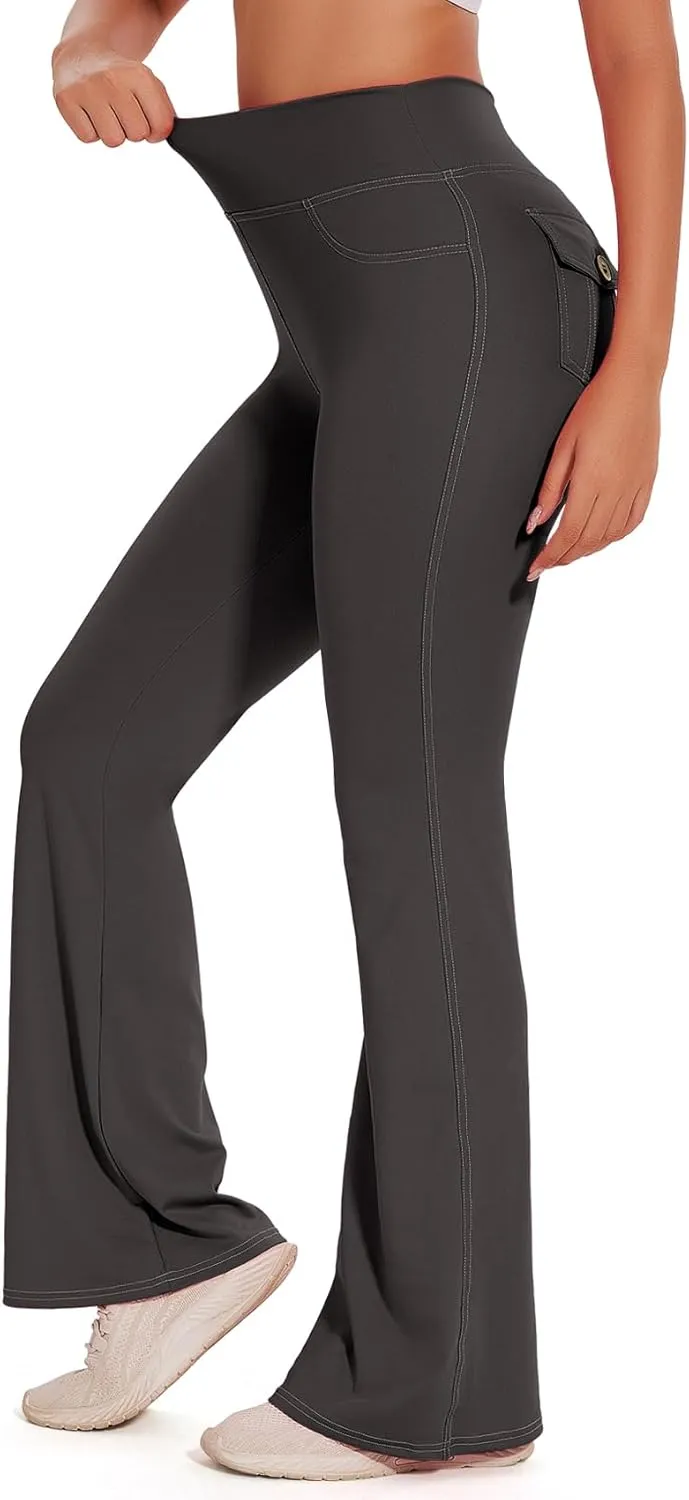 SEASUM Cargo Yoga Flare Leggings for Women with Flap Pockets Workout Contrast Stitching Bootcut Yoga Pants Imitation Jeans