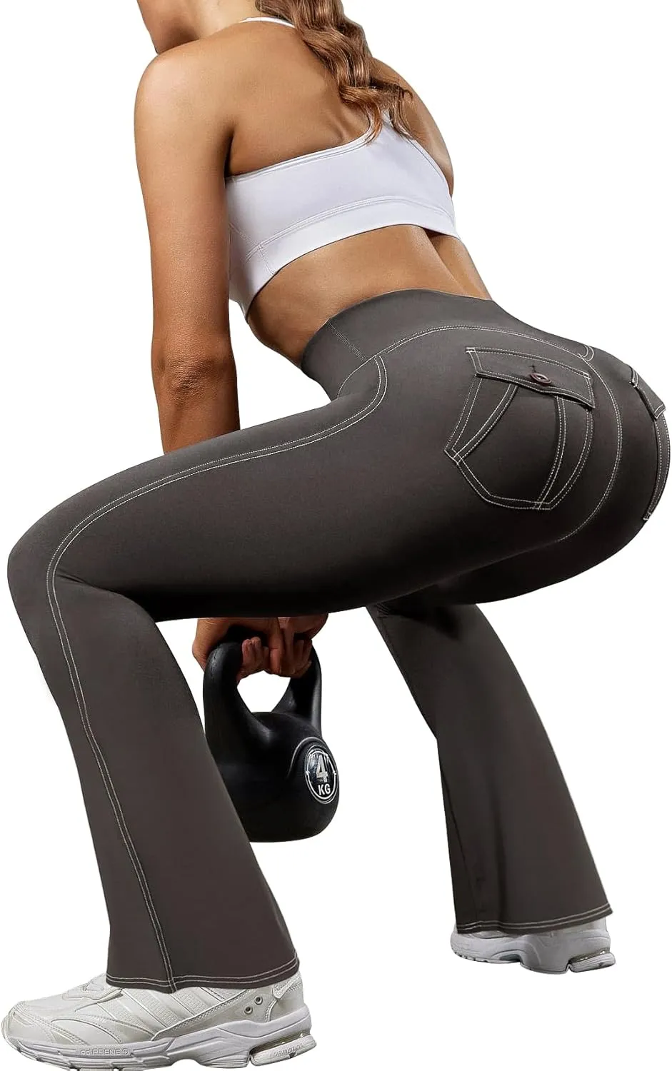 SEASUM Cargo Yoga Flare Leggings for Women with Flap Pockets Workout Contrast Stitching Bootcut Yoga Pants Imitation Jeans