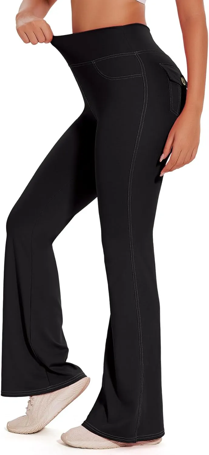 SEASUM Cargo Yoga Flare Leggings for Women with Flap Pockets Workout Contrast Stitching Bootcut Yoga Pants Imitation Jeans
