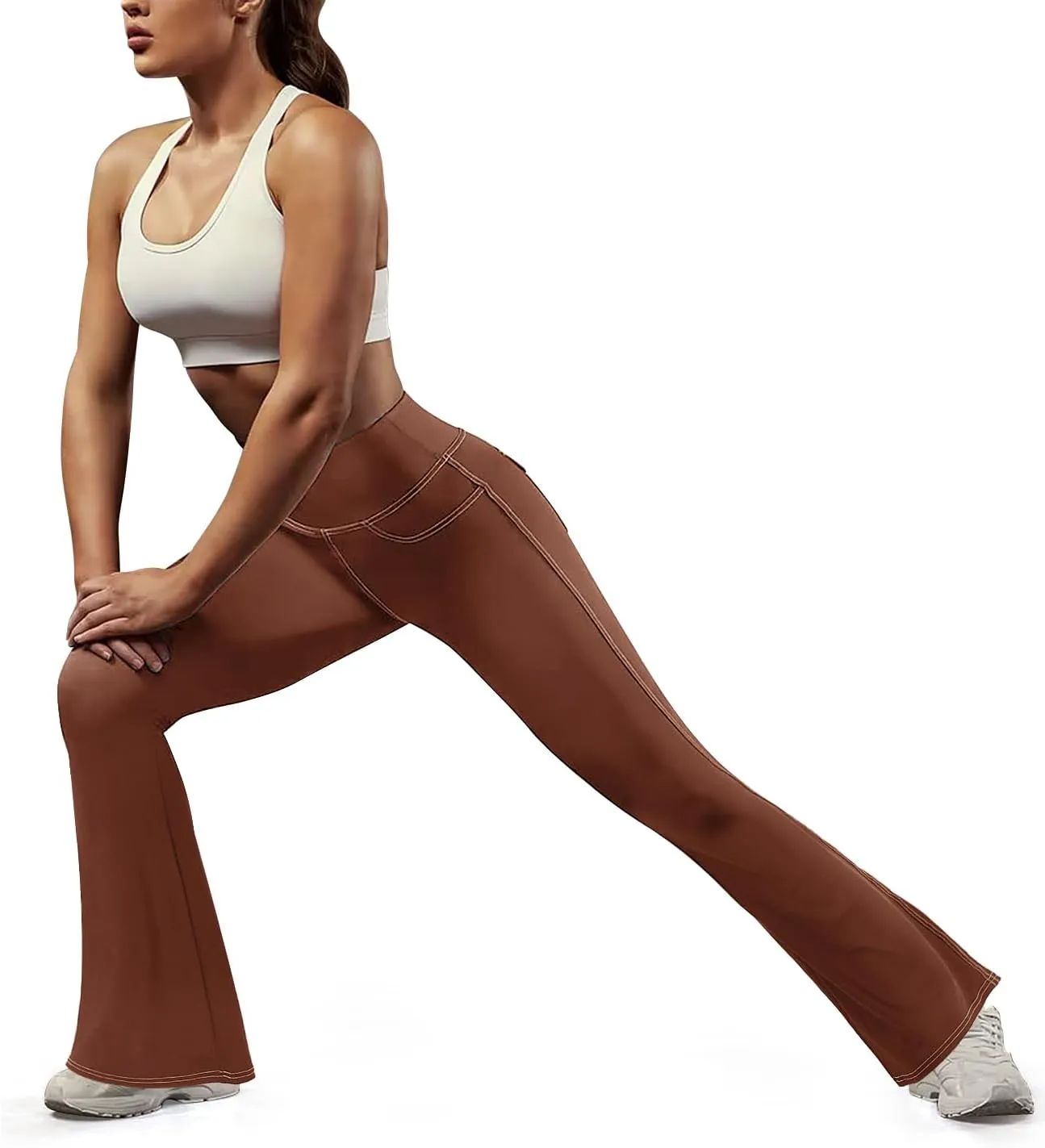 SEASUM Cargo Yoga Flare Leggings for Women with Flap Pockets Workout Contrast Stitching Bootcut Yoga Pants Imitation Jeans