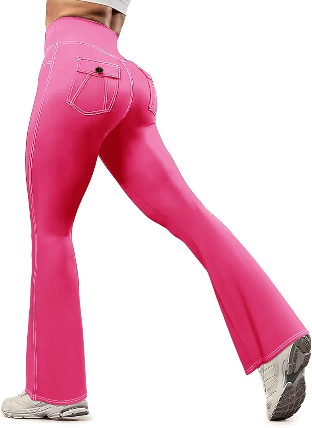 SEASUM Cargo Yoga Flare Leggings for Women with Flap Pockets Workout Contrast Stitching Bootcut Yoga Pants Imitation Jeans