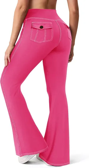 SEASUM Cargo Yoga Flare Leggings for Women with Flap Pockets Workout Contrast Stitching Bootcut Yoga Pants Imitation Jeans