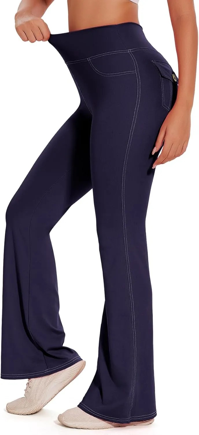 SEASUM Cargo Yoga Flare Leggings for Women with Flap Pockets Workout Contrast Stitching Bootcut Yoga Pants Imitation Jeans