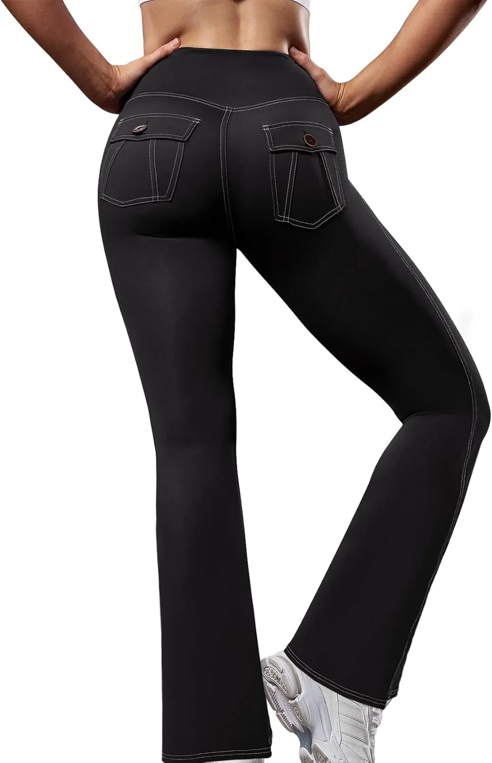 SEASUM Cargo Yoga Flare Leggings for Women with Flap Pockets Workout Contrast Stitching Bootcut Yoga Pants Imitation Jeans