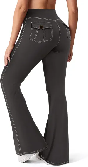 SEASUM Cargo Yoga Flare Leggings for Women with Flap Pockets Workout Contrast Stitching Bootcut Yoga Pants Imitation Jeans