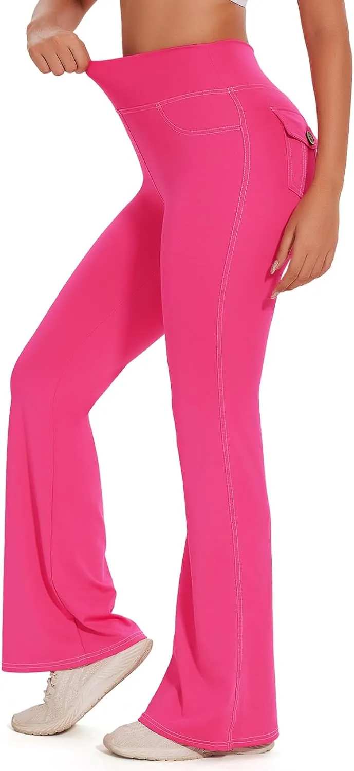SEASUM Cargo Yoga Flare Leggings for Women with Flap Pockets Workout Contrast Stitching Bootcut Yoga Pants Imitation Jeans