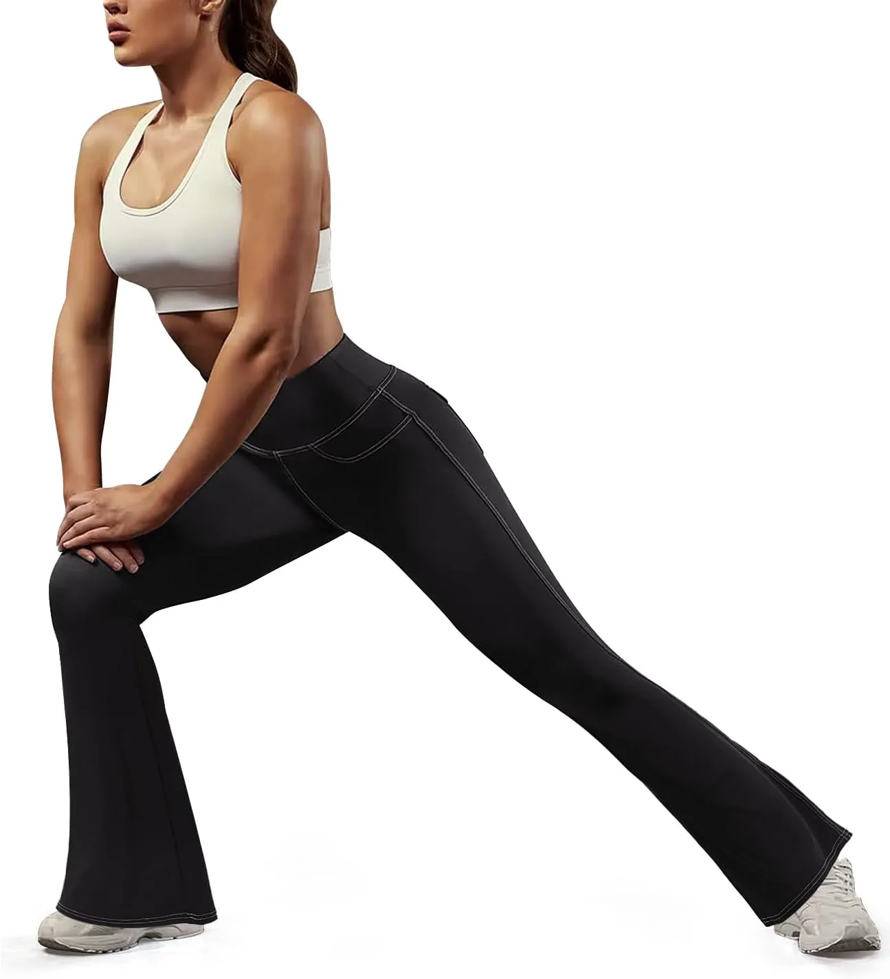 SEASUM Cargo Yoga Flare Leggings for Women with Flap Pockets Workout Contrast Stitching Bootcut Yoga Pants Imitation Jeans