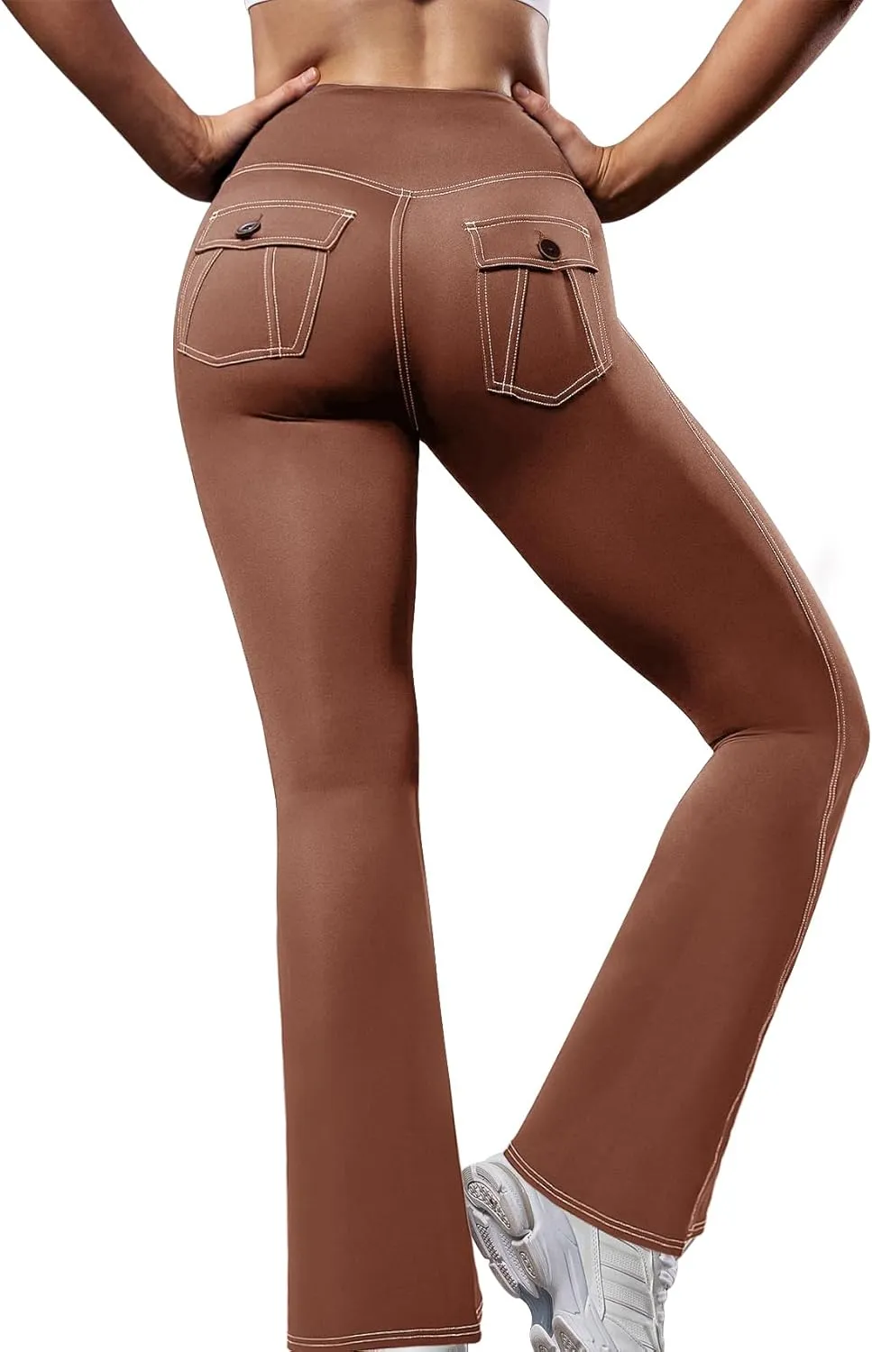 SEASUM Cargo Yoga Flare Leggings for Women with Flap Pockets Workout Contrast Stitching Bootcut Yoga Pants Imitation Jeans