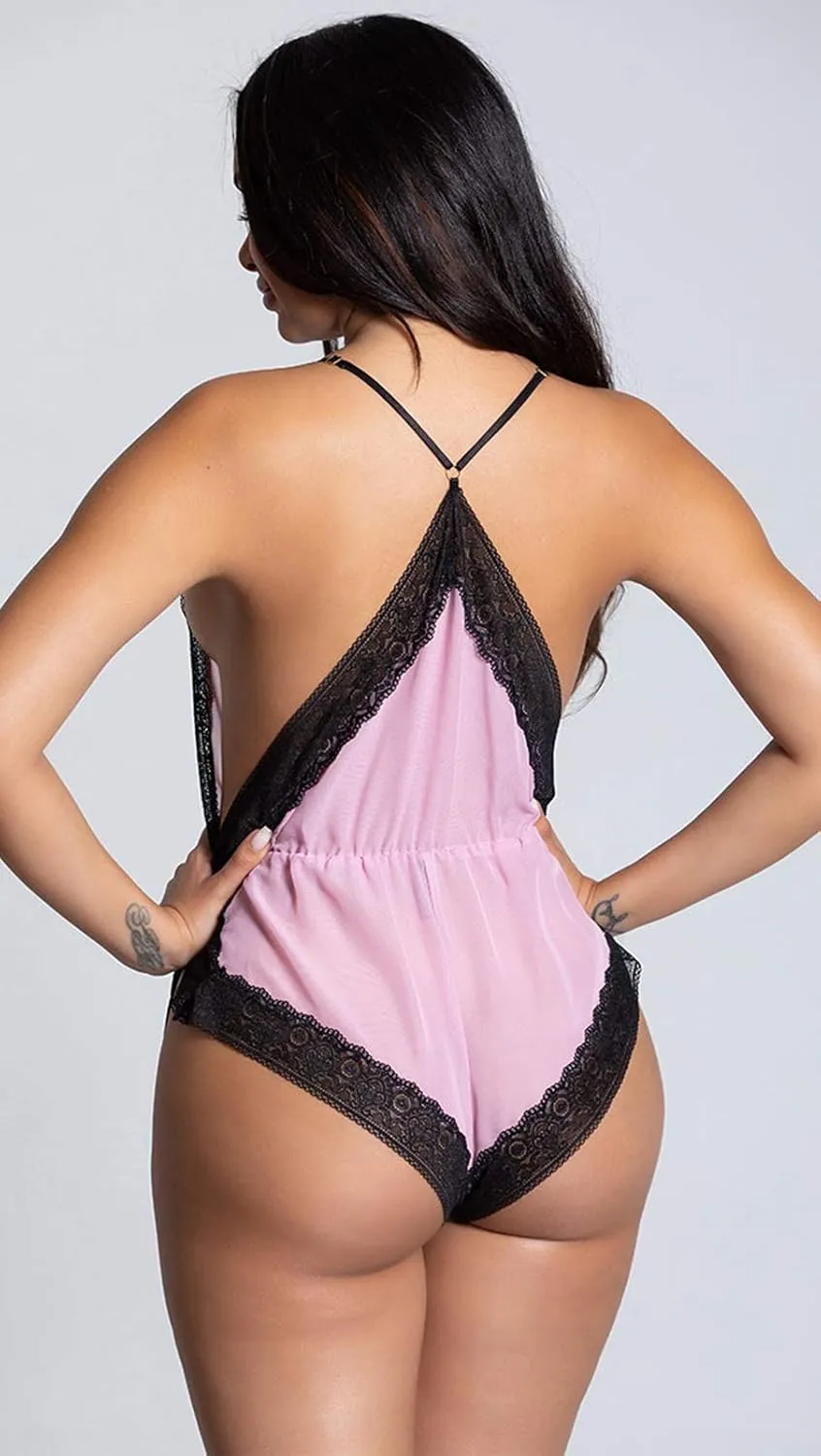 Sexy Lingerie for Women Teddy Lace Bodysuit Deep V-Neck Halter Sleepwear Sheer Mesh One Piece Babydoll Pajamas