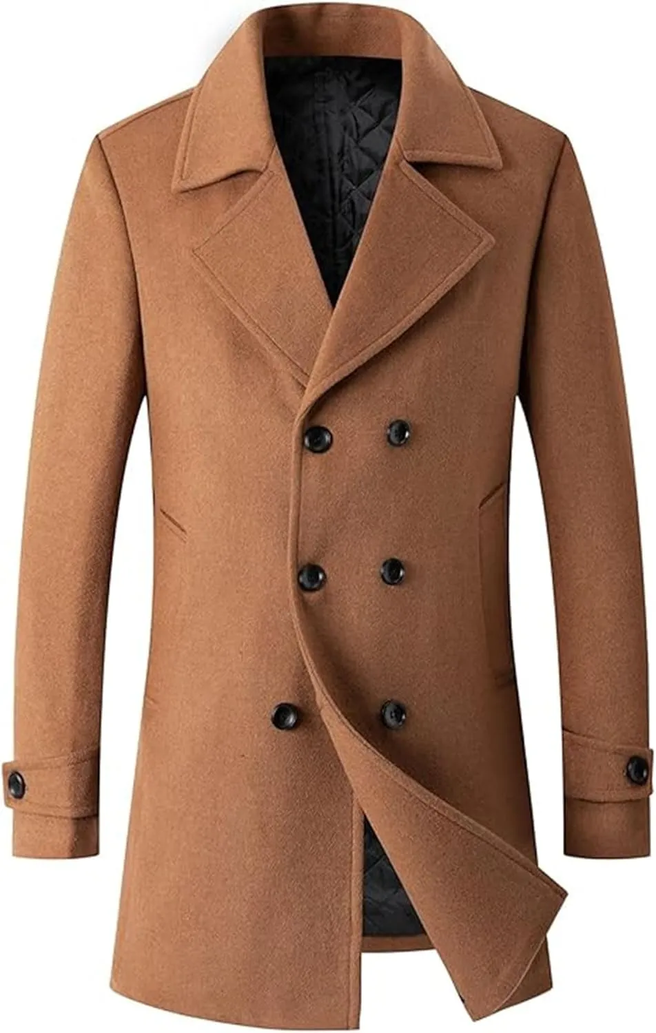 Sexyshine Mens Woolen Blend Trench Coat Pea Coat Double Breasted Notched Lapel Regular Fit Winter Business Overcoat
