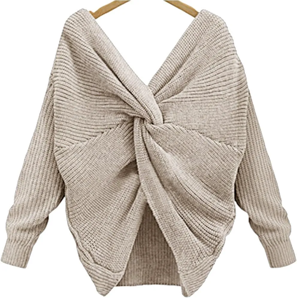 Sexyshine Women's Casual V Neck Criss Cross Backless Long Batwing Sleeve Loose Knitted Sweater Pullovers