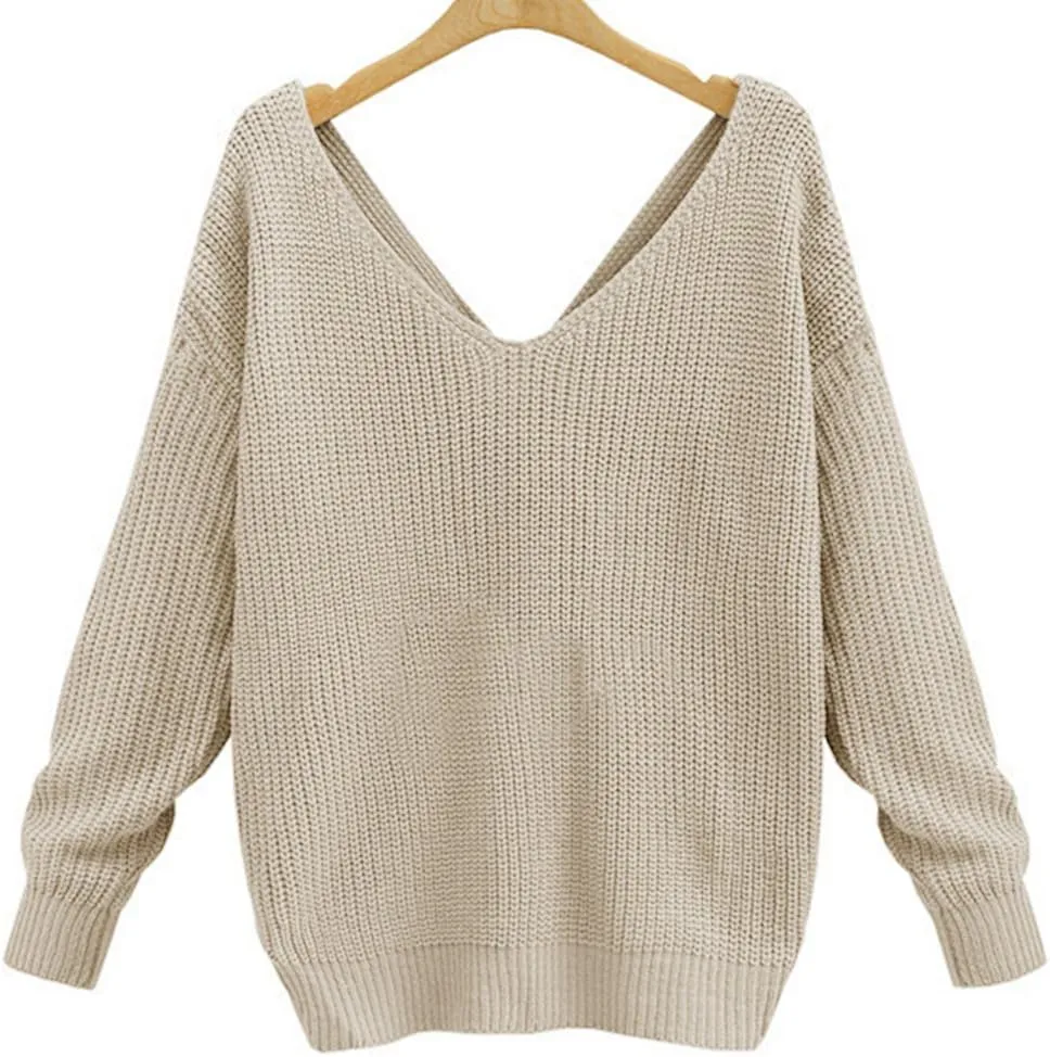 Sexyshine Women's Casual V Neck Criss Cross Backless Long Batwing Sleeve Loose Knitted Sweater Pullovers