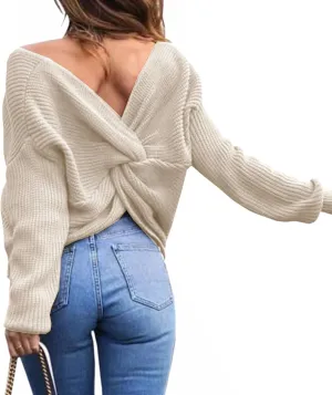 Sexyshine Women's Casual V Neck Criss Cross Backless Long Batwing Sleeve Loose Knitted Sweater Pullovers