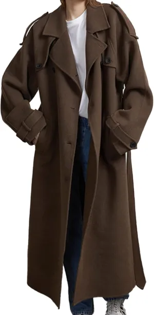Sexyshine Women's Winter Double Breasted Long Coat Notch Lapel Long Sleeve Wool Blend Trench Coat with Belt