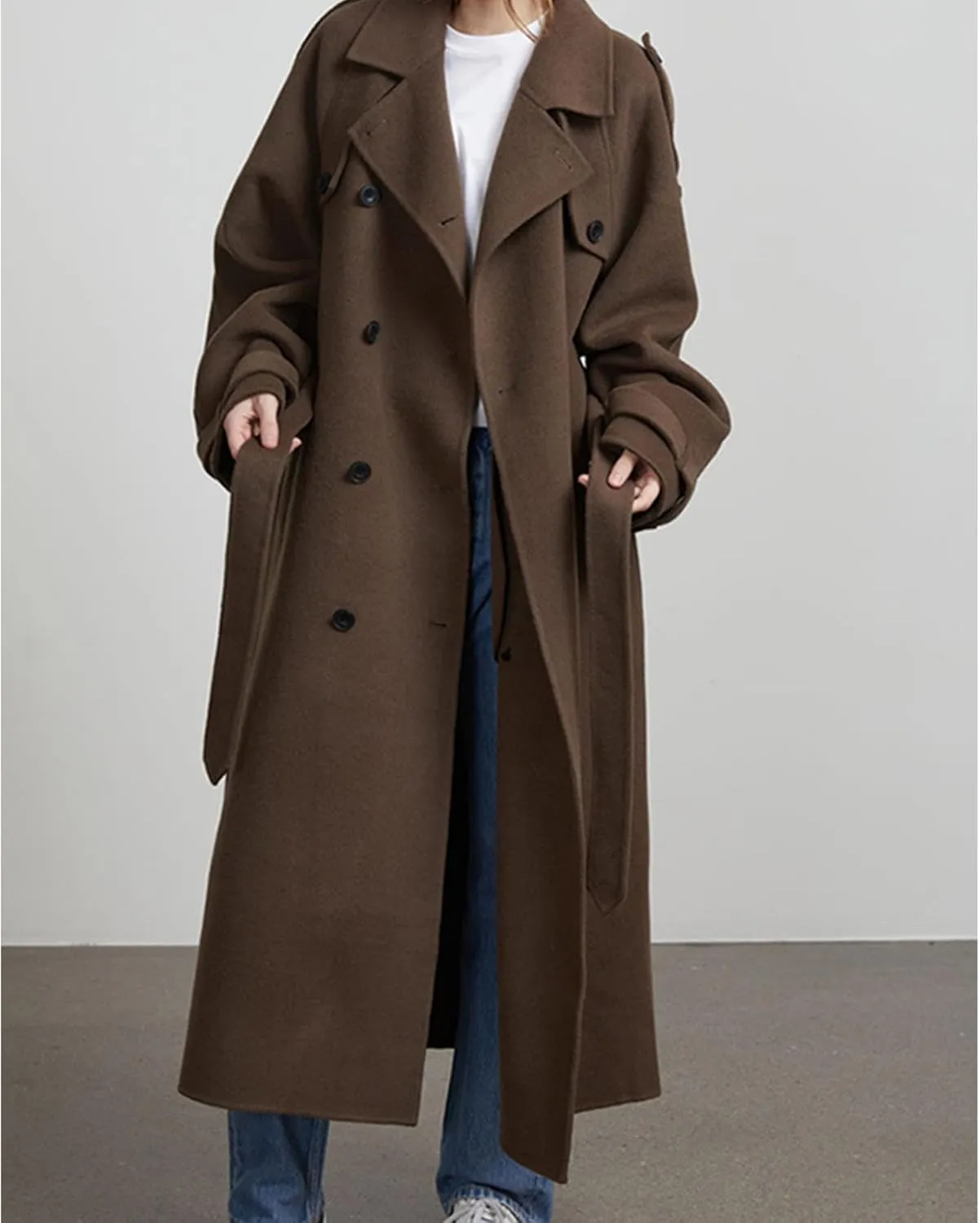 Sexyshine Women's Winter Double Breasted Long Coat Notch Lapel Long Sleeve Wool Blend Trench Coat with Belt