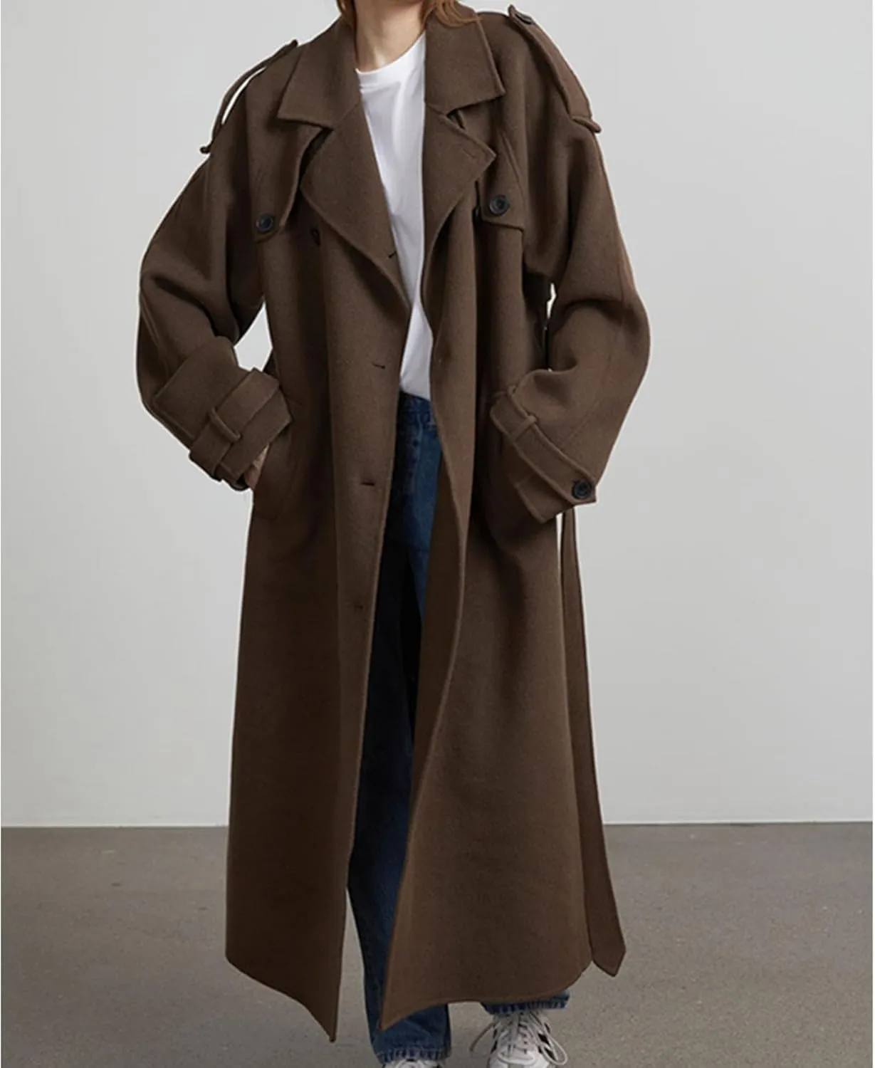 Sexyshine Women's Winter Double Breasted Long Coat Notch Lapel Long Sleeve Wool Blend Trench Coat with Belt
