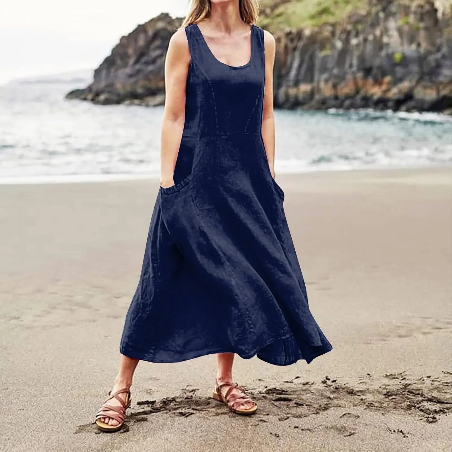SGASY Summer Dresses for Women 2025 Sleeveless Casual Cotton Linen Sundress Plus Size Maxi Tank Beach Dress with Pocket