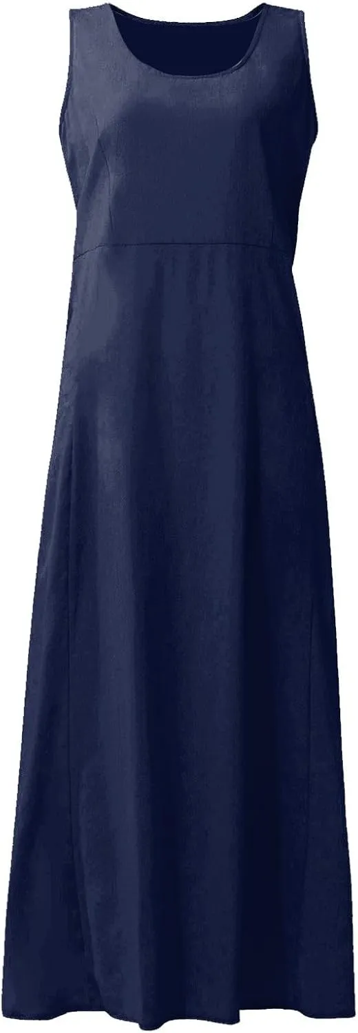 SGASY Summer Dresses for Women 2025 Sleeveless Casual Cotton Linen Sundress Plus Size Maxi Tank Beach Dress with Pocket