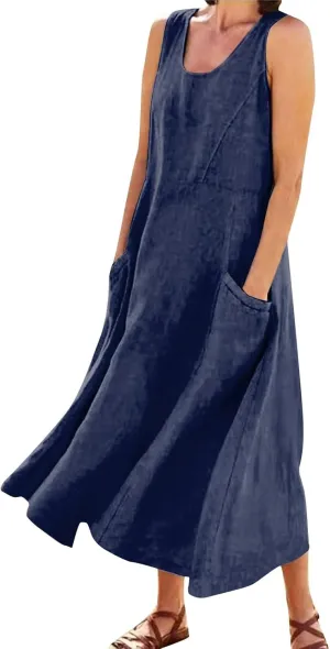 SGASY Summer Dresses for Women 2025 Sleeveless Casual Cotton Linen Sundress Plus Size Maxi Tank Beach Dress with Pocket