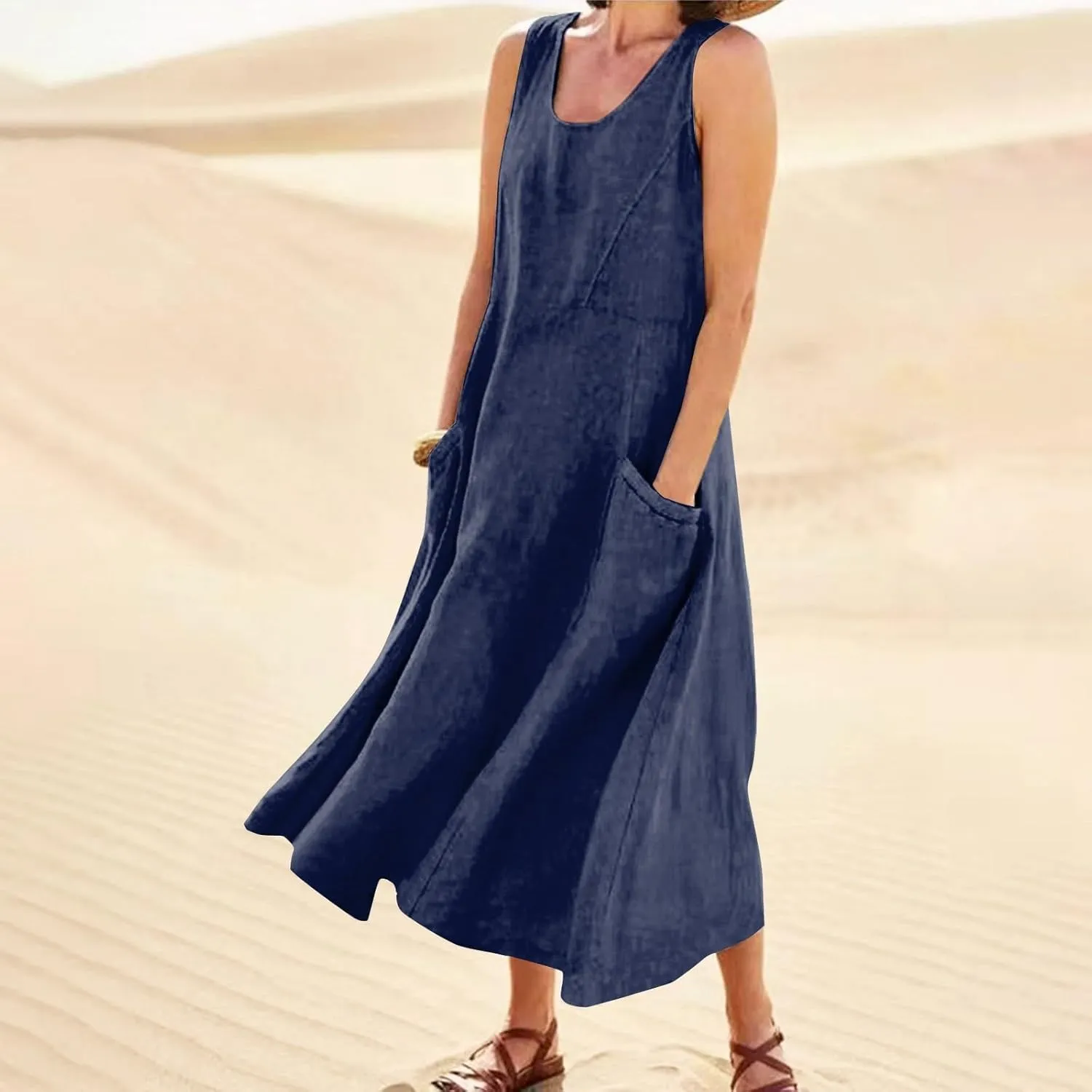 SGASY Summer Dresses for Women 2025 Sleeveless Casual Cotton Linen Sundress Plus Size Maxi Tank Beach Dress with Pocket