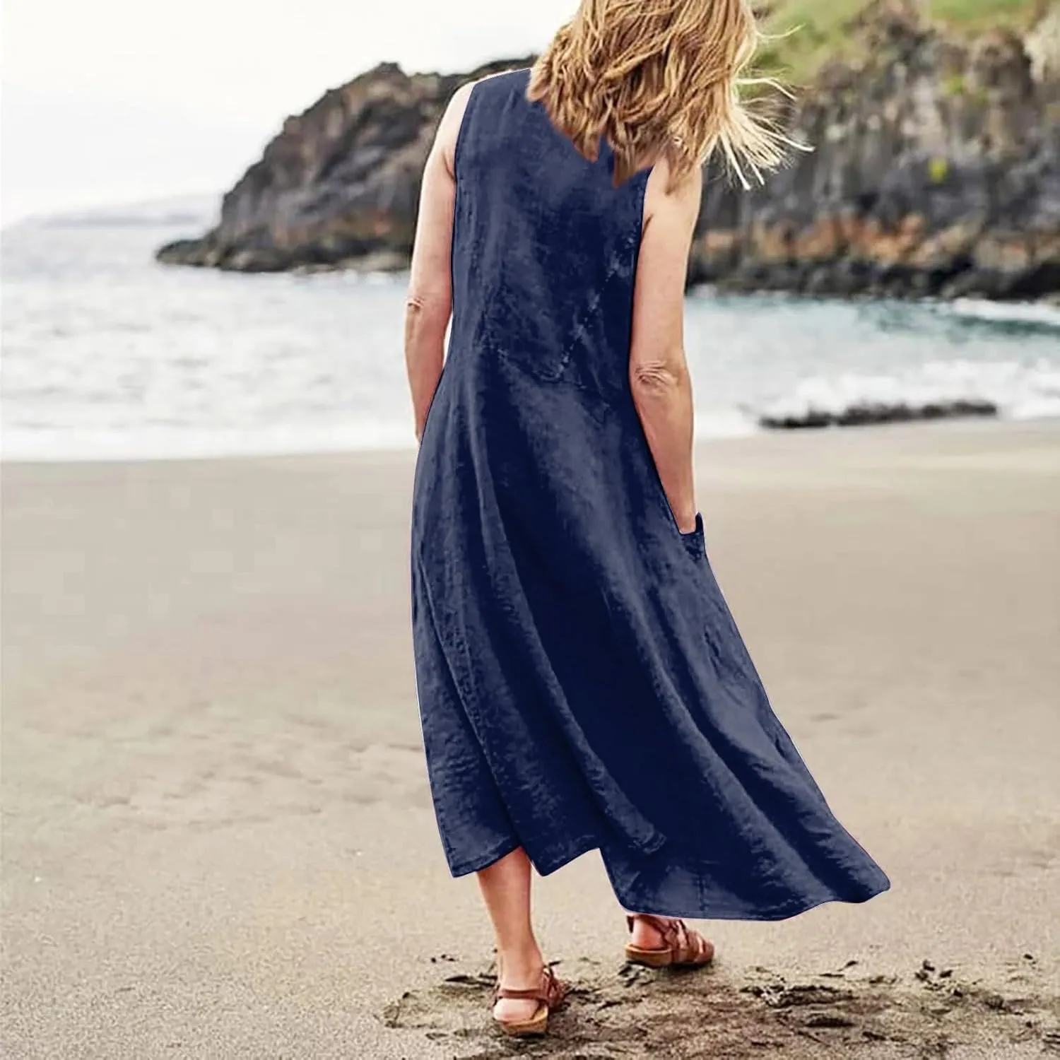 SGASY Summer Dresses for Women 2025 Sleeveless Casual Cotton Linen Sundress Plus Size Maxi Tank Beach Dress with Pocket
