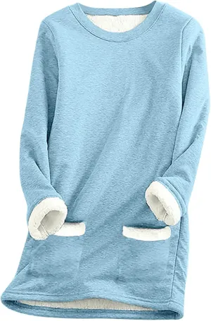 Sherpa Lined Sweatshirts for Women Winter Warm Lounge Pullover Tops Fleece Soft Fuzzy Loungewear Shirts with Pocket