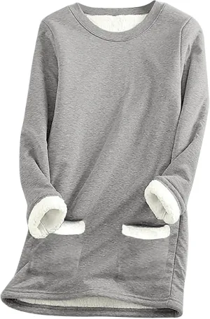 Sherpa Lined Sweatshirts for Women Winter Warm Lounge Pullover Tops Fleece Soft Fuzzy Loungewear Shirts with Pocket