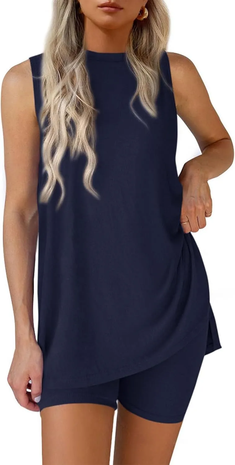 Shorts Sets Women 2 Piece Outfits Plus Size Lounge Matching Set Biker Short Sets Sleeveless Tank Tops Vacation Beachwear