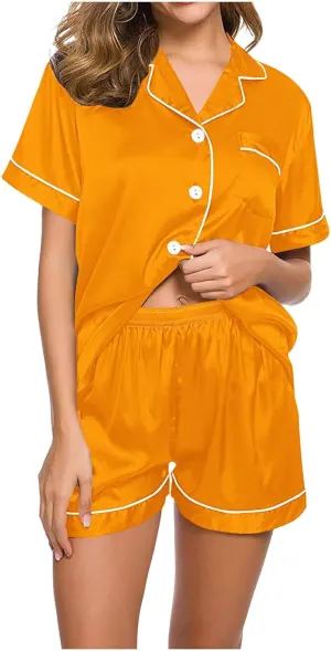 Silk Pajamas for Women Casual Comfy Two Piece Sets for Women Summer Button Short Sleeve Top and Shorts Lounge Set