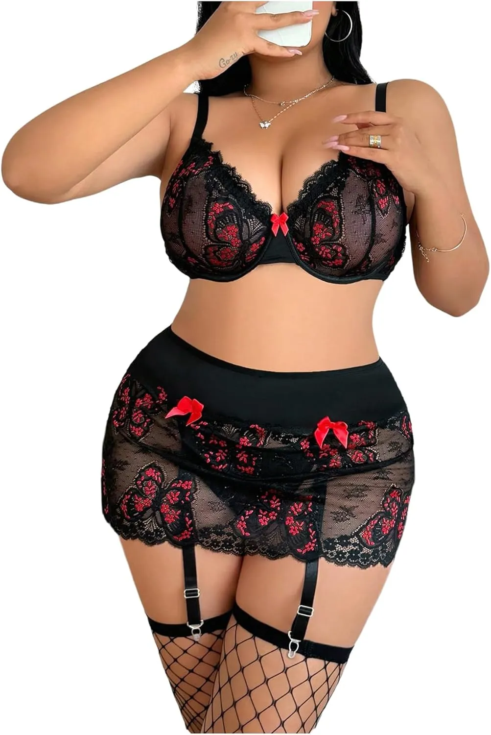 SOLY HUX Plus Size Sexy Lingerie for Women Floral Lace Push Up Bra Panty Set Nightwear