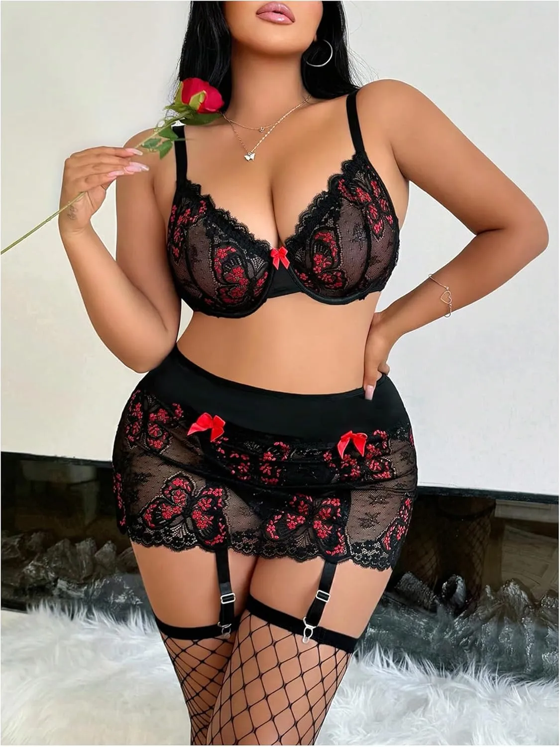 SOLY HUX Plus Size Sexy Lingerie for Women Floral Lace Push Up Bra Panty Set Nightwear