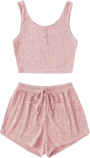 SOLY HUX Women's Button Front Ribbed Knit Tank Top and Shorts Pajama Set Sleepwear Lounge Sets