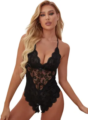 SOLY HUX Women's Floral Lace Scalloped Trim Criss Cross Back Lingerie Teddy Bodysuit