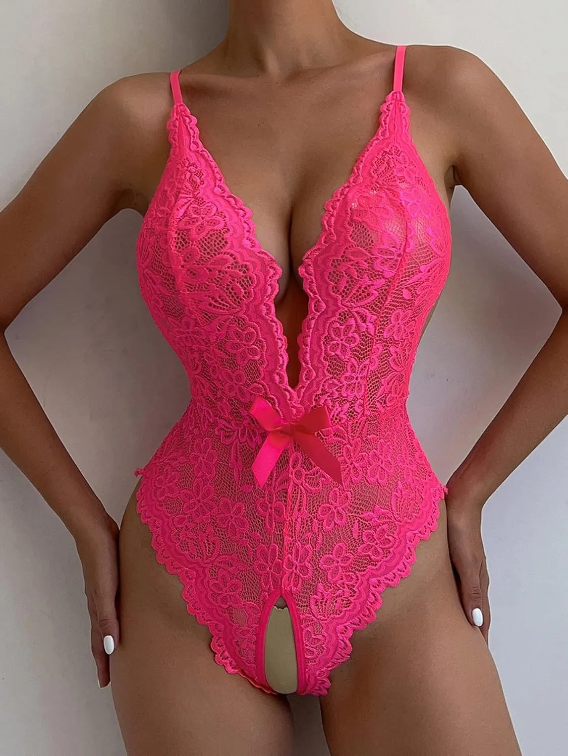 SOLY HUX Women's Floral Lace Scalloped Trim Criss Cross Back Lingerie Teddy Bodysuit