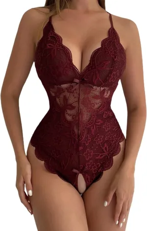 SOLY HUX Women's Floral Lace Scalloped Trim Criss Cross Back Lingerie Teddy Bodysuit