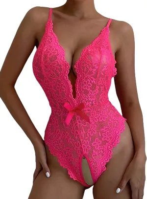 SOLY HUX Women's Floral Lace Scalloped Trim Criss Cross Back Lingerie Teddy Bodysuit