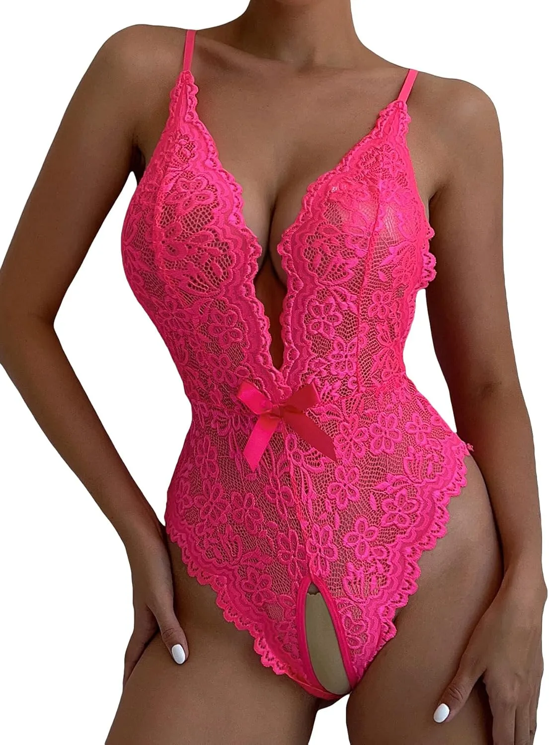 SOLY HUX Women's Floral Lace Scalloped Trim Criss Cross Back Lingerie Teddy Bodysuit