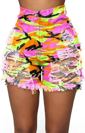 SOMTHRON Women's Sexy Tie Dye High Waisted Jean Shorts Ripped Destroyed Frayed Raw Rainbow Camo Skinny Denim Shorts